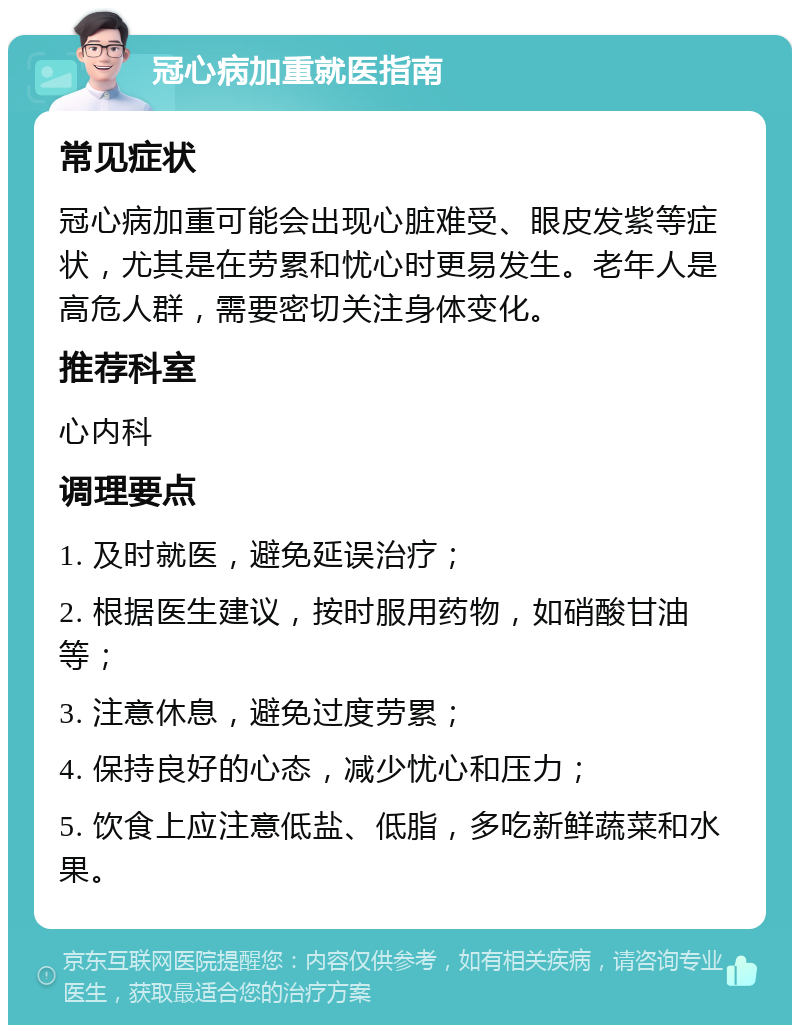 冠心病加重就医指南 常见症状 冠心病加重可能会出现心脏难受、眼皮发紫等症状，尤其是在劳累和忧心时更易发生。老年人是高危人群，需要密切关注身体变化。 推荐科室 心内科 调理要点 1. 及时就医，避免延误治疗； 2. 根据医生建议，按时服用药物，如硝酸甘油等； 3. 注意休息，避免过度劳累； 4. 保持良好的心态，减少忧心和压力； 5. 饮食上应注意低盐、低脂，多吃新鲜蔬菜和水果。