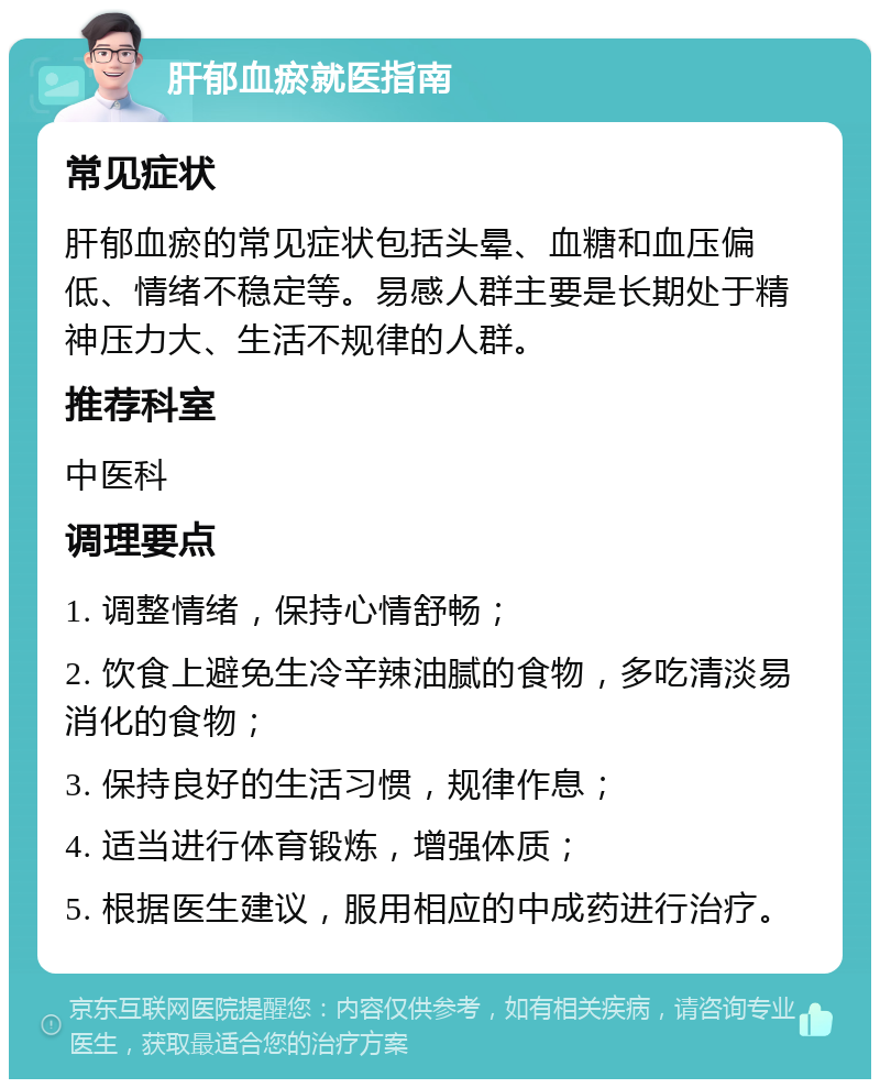 肝郁血瘀就医指南 常见症状 肝郁血瘀的常见症状包括头晕、血糖和血压偏低、情绪不稳定等。易感人群主要是长期处于精神压力大、生活不规律的人群。 推荐科室 中医科 调理要点 1. 调整情绪，保持心情舒畅； 2. 饮食上避免生冷辛辣油腻的食物，多吃清淡易消化的食物； 3. 保持良好的生活习惯，规律作息； 4. 适当进行体育锻炼，增强体质； 5. 根据医生建议，服用相应的中成药进行治疗。