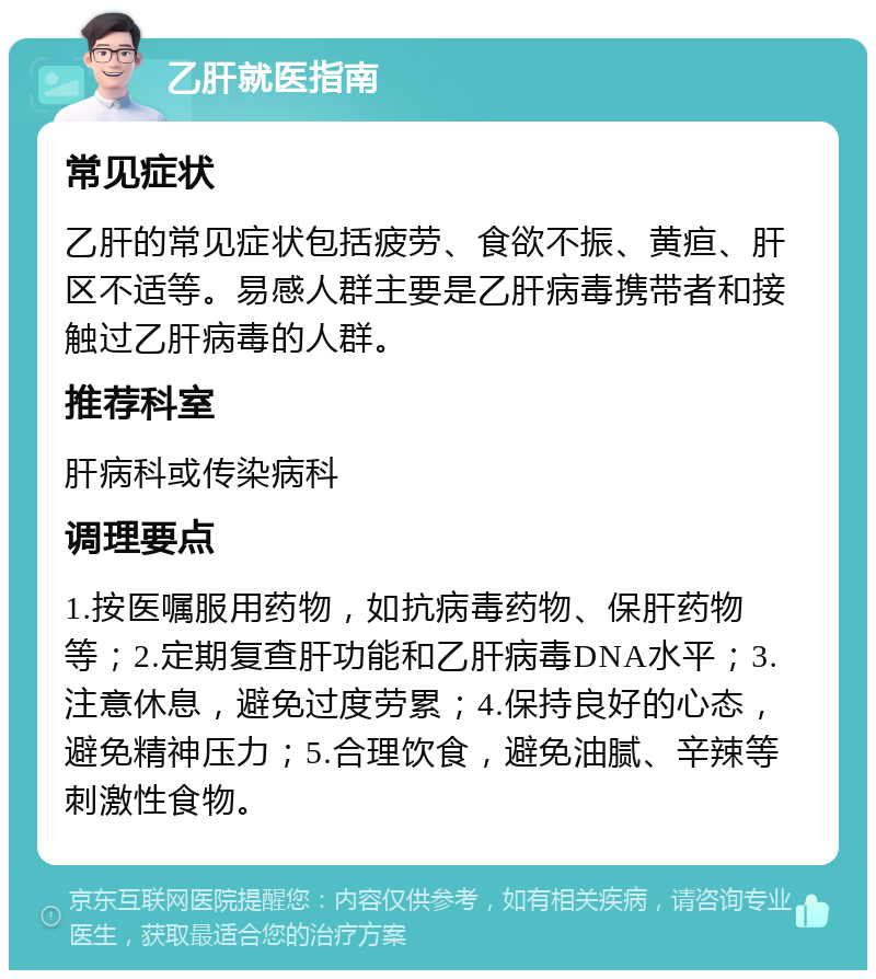 乙肝就医指南 常见症状 乙肝的常见症状包括疲劳、食欲不振、黄疸、肝区不适等。易感人群主要是乙肝病毒携带者和接触过乙肝病毒的人群。 推荐科室 肝病科或传染病科 调理要点 1.按医嘱服用药物，如抗病毒药物、保肝药物等；2.定期复查肝功能和乙肝病毒DNA水平；3.注意休息，避免过度劳累；4.保持良好的心态，避免精神压力；5.合理饮食，避免油腻、辛辣等刺激性食物。