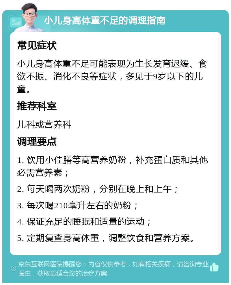 小儿身高体重不足的调理指南 常见症状 小儿身高体重不足可能表现为生长发育迟缓、食欲不振、消化不良等症状，多见于9岁以下的儿童。 推荐科室 儿科或营养科 调理要点 1. 饮用小佳膳等高营养奶粉，补充蛋白质和其他必需营养素； 2. 每天喝两次奶粉，分别在晚上和上午； 3. 每次喝210毫升左右的奶粉； 4. 保证充足的睡眠和适量的运动； 5. 定期复查身高体重，调整饮食和营养方案。