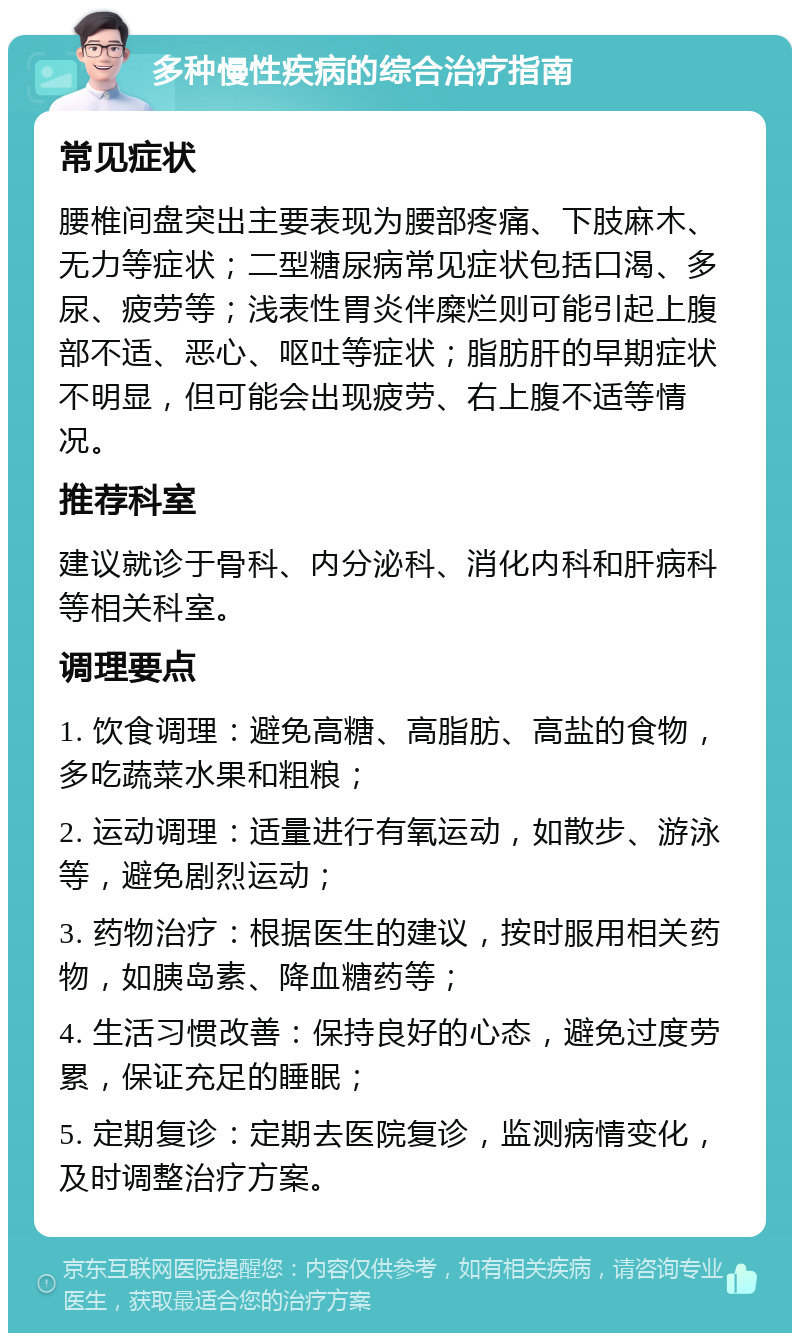 多种慢性疾病的综合治疗指南 常见症状 腰椎间盘突出主要表现为腰部疼痛、下肢麻木、无力等症状；二型糖尿病常见症状包括口渴、多尿、疲劳等；浅表性胃炎伴糜烂则可能引起上腹部不适、恶心、呕吐等症状；脂肪肝的早期症状不明显，但可能会出现疲劳、右上腹不适等情况。 推荐科室 建议就诊于骨科、内分泌科、消化内科和肝病科等相关科室。 调理要点 1. 饮食调理：避免高糖、高脂肪、高盐的食物，多吃蔬菜水果和粗粮； 2. 运动调理：适量进行有氧运动，如散步、游泳等，避免剧烈运动； 3. 药物治疗：根据医生的建议，按时服用相关药物，如胰岛素、降血糖药等； 4. 生活习惯改善：保持良好的心态，避免过度劳累，保证充足的睡眠； 5. 定期复诊：定期去医院复诊，监测病情变化，及时调整治疗方案。