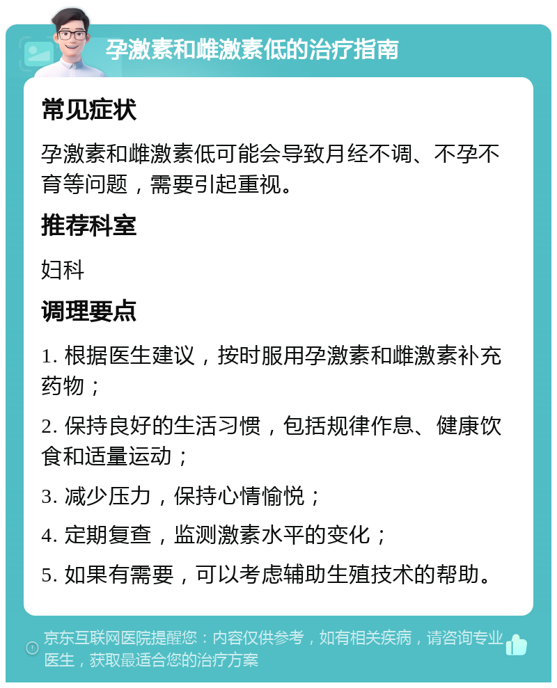 孕激素和雌激素低的治疗指南 常见症状 孕激素和雌激素低可能会导致月经不调、不孕不育等问题，需要引起重视。 推荐科室 妇科 调理要点 1. 根据医生建议，按时服用孕激素和雌激素补充药物； 2. 保持良好的生活习惯，包括规律作息、健康饮食和适量运动； 3. 减少压力，保持心情愉悦； 4. 定期复查，监测激素水平的变化； 5. 如果有需要，可以考虑辅助生殖技术的帮助。