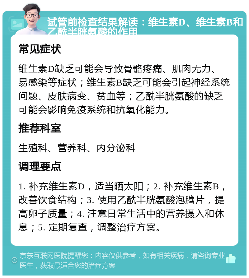 试管前检查结果解读：维生素D、维生素B和乙酰半胱氨酸的作用 常见症状 维生素D缺乏可能会导致骨骼疼痛、肌肉无力、易感染等症状；维生素B缺乏可能会引起神经系统问题、皮肤病变、贫血等；乙酰半胱氨酸的缺乏可能会影响免疫系统和抗氧化能力。 推荐科室 生殖科、营养科、内分泌科 调理要点 1. 补充维生素D，适当晒太阳；2. 补充维生素B，改善饮食结构；3. 使用乙酰半胱氨酸泡腾片，提高卵子质量；4. 注意日常生活中的营养摄入和休息；5. 定期复查，调整治疗方案。