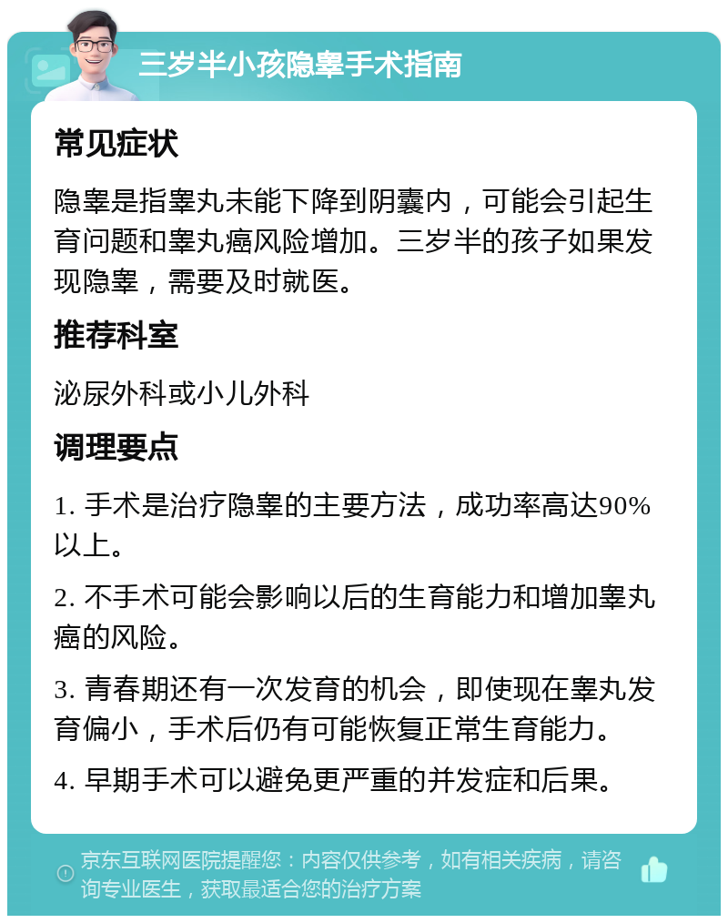 三岁半小孩隐睾手术指南 常见症状 隐睾是指睾丸未能下降到阴囊内，可能会引起生育问题和睾丸癌风险增加。三岁半的孩子如果发现隐睾，需要及时就医。 推荐科室 泌尿外科或小儿外科 调理要点 1. 手术是治疗隐睾的主要方法，成功率高达90%以上。 2. 不手术可能会影响以后的生育能力和增加睾丸癌的风险。 3. 青春期还有一次发育的机会，即使现在睾丸发育偏小，手术后仍有可能恢复正常生育能力。 4. 早期手术可以避免更严重的并发症和后果。