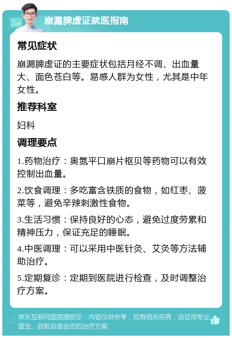 崩漏脾虚证就医指南 常见症状 崩漏脾虚证的主要症状包括月经不调、出血量大、面色苍白等。易感人群为女性，尤其是中年女性。 推荐科室 妇科 调理要点 1.药物治疗：奥氮平口崩片枢贝等药物可以有效控制出血量。 2.饮食调理：多吃富含铁质的食物，如红枣、菠菜等，避免辛辣刺激性食物。 3.生活习惯：保持良好的心态，避免过度劳累和精神压力，保证充足的睡眠。 4.中医调理：可以采用中医针灸、艾灸等方法辅助治疗。 5.定期复诊：定期到医院进行检查，及时调整治疗方案。