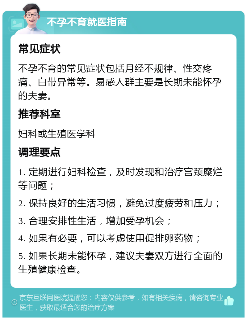 不孕不育就医指南 常见症状 不孕不育的常见症状包括月经不规律、性交疼痛、白带异常等。易感人群主要是长期未能怀孕的夫妻。 推荐科室 妇科或生殖医学科 调理要点 1. 定期进行妇科检查，及时发现和治疗宫颈糜烂等问题； 2. 保持良好的生活习惯，避免过度疲劳和压力； 3. 合理安排性生活，增加受孕机会； 4. 如果有必要，可以考虑使用促排卵药物； 5. 如果长期未能怀孕，建议夫妻双方进行全面的生殖健康检查。