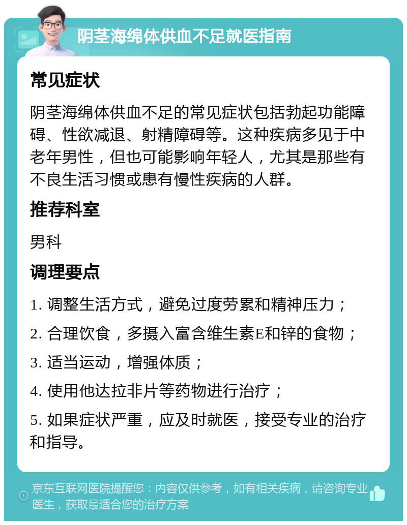 阴茎海绵体供血不足就医指南 常见症状 阴茎海绵体供血不足的常见症状包括勃起功能障碍、性欲减退、射精障碍等。这种疾病多见于中老年男性，但也可能影响年轻人，尤其是那些有不良生活习惯或患有慢性疾病的人群。 推荐科室 男科 调理要点 1. 调整生活方式，避免过度劳累和精神压力； 2. 合理饮食，多摄入富含维生素E和锌的食物； 3. 适当运动，增强体质； 4. 使用他达拉非片等药物进行治疗； 5. 如果症状严重，应及时就医，接受专业的治疗和指导。