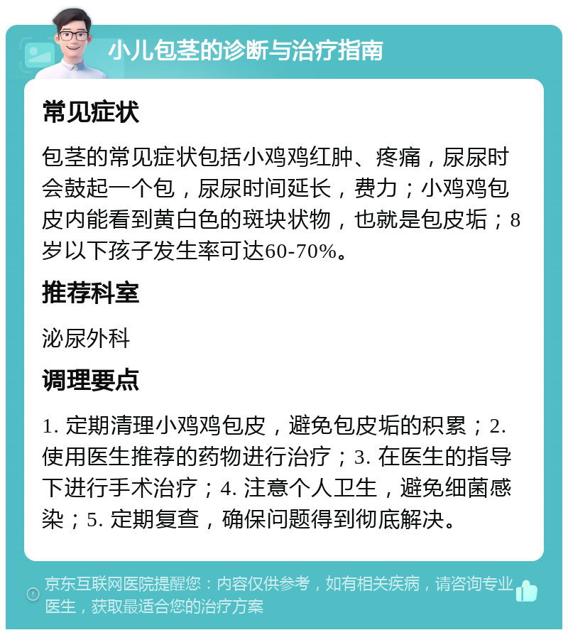 小儿包茎的诊断与治疗指南 常见症状 包茎的常见症状包括小鸡鸡红肿、疼痛，尿尿时会鼓起一个包，尿尿时间延长，费力；小鸡鸡包皮内能看到黄白色的斑块状物，也就是包皮垢；8岁以下孩子发生率可达60-70%。 推荐科室 泌尿外科 调理要点 1. 定期清理小鸡鸡包皮，避免包皮垢的积累；2. 使用医生推荐的药物进行治疗；3. 在医生的指导下进行手术治疗；4. 注意个人卫生，避免细菌感染；5. 定期复查，确保问题得到彻底解决。