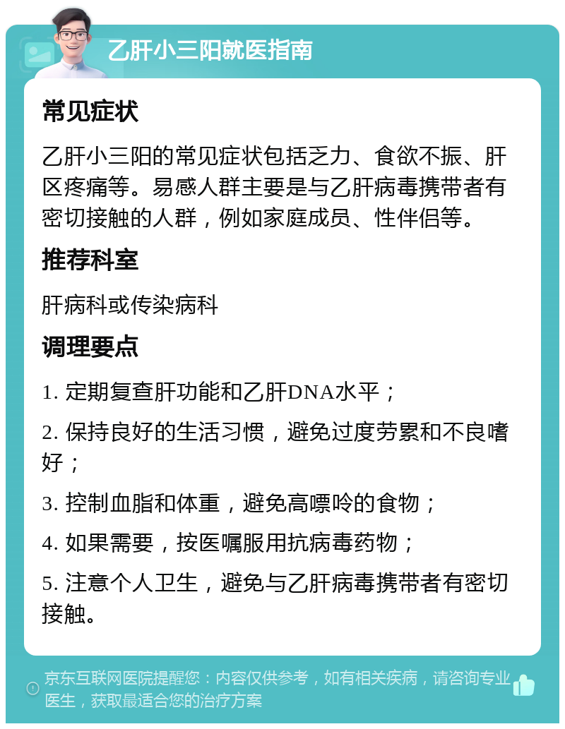 乙肝小三阳就医指南 常见症状 乙肝小三阳的常见症状包括乏力、食欲不振、肝区疼痛等。易感人群主要是与乙肝病毒携带者有密切接触的人群，例如家庭成员、性伴侣等。 推荐科室 肝病科或传染病科 调理要点 1. 定期复查肝功能和乙肝DNA水平； 2. 保持良好的生活习惯，避免过度劳累和不良嗜好； 3. 控制血脂和体重，避免高嘌呤的食物； 4. 如果需要，按医嘱服用抗病毒药物； 5. 注意个人卫生，避免与乙肝病毒携带者有密切接触。