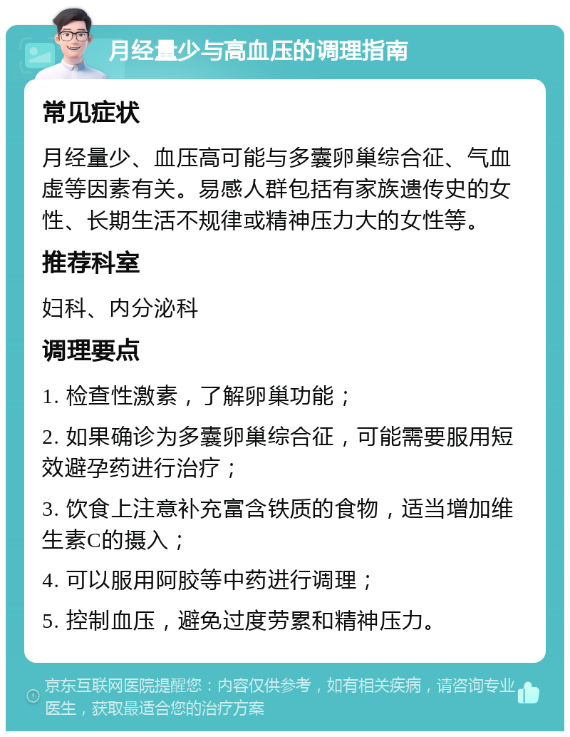 月经量少与高血压的调理指南 常见症状 月经量少、血压高可能与多囊卵巢综合征、气血虚等因素有关。易感人群包括有家族遗传史的女性、长期生活不规律或精神压力大的女性等。 推荐科室 妇科、内分泌科 调理要点 1. 检查性激素，了解卵巢功能； 2. 如果确诊为多囊卵巢综合征，可能需要服用短效避孕药进行治疗； 3. 饮食上注意补充富含铁质的食物，适当增加维生素C的摄入； 4. 可以服用阿胶等中药进行调理； 5. 控制血压，避免过度劳累和精神压力。