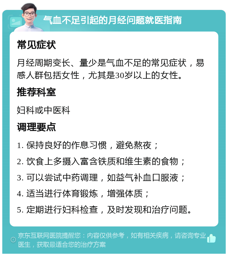 气血不足引起的月经问题就医指南 常见症状 月经周期变长、量少是气血不足的常见症状，易感人群包括女性，尤其是30岁以上的女性。 推荐科室 妇科或中医科 调理要点 1. 保持良好的作息习惯，避免熬夜； 2. 饮食上多摄入富含铁质和维生素的食物； 3. 可以尝试中药调理，如益气补血口服液； 4. 适当进行体育锻炼，增强体质； 5. 定期进行妇科检查，及时发现和治疗问题。