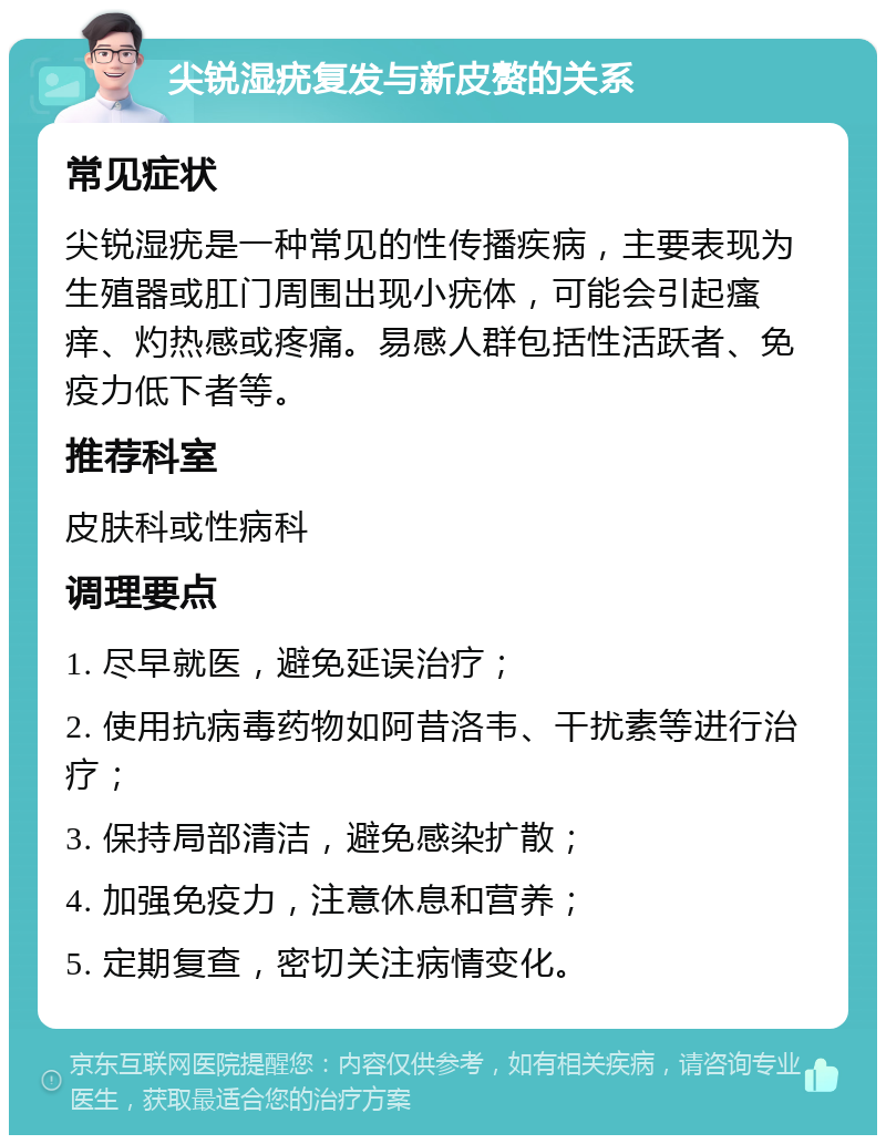 尖锐湿疣复发与新皮赘的关系 常见症状 尖锐湿疣是一种常见的性传播疾病，主要表现为生殖器或肛门周围出现小疣体，可能会引起瘙痒、灼热感或疼痛。易感人群包括性活跃者、免疫力低下者等。 推荐科室 皮肤科或性病科 调理要点 1. 尽早就医，避免延误治疗； 2. 使用抗病毒药物如阿昔洛韦、干扰素等进行治疗； 3. 保持局部清洁，避免感染扩散； 4. 加强免疫力，注意休息和营养； 5. 定期复查，密切关注病情变化。