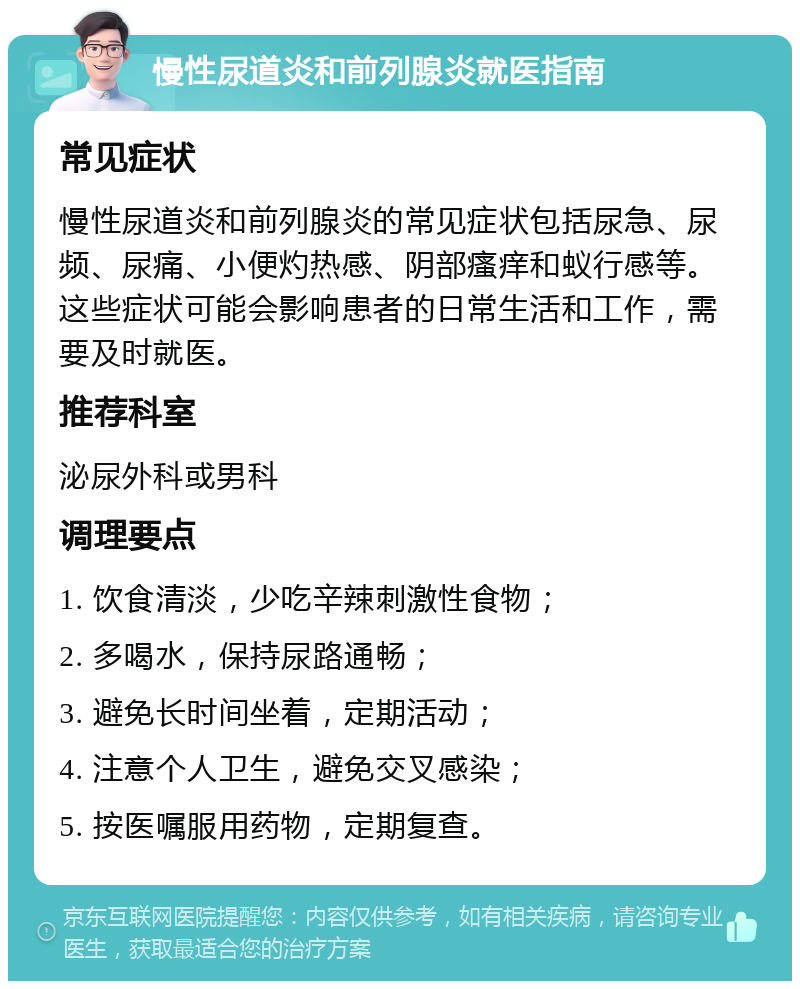 慢性尿道炎和前列腺炎就医指南 常见症状 慢性尿道炎和前列腺炎的常见症状包括尿急、尿频、尿痛、小便灼热感、阴部瘙痒和蚁行感等。这些症状可能会影响患者的日常生活和工作，需要及时就医。 推荐科室 泌尿外科或男科 调理要点 1. 饮食清淡，少吃辛辣刺激性食物； 2. 多喝水，保持尿路通畅； 3. 避免长时间坐着，定期活动； 4. 注意个人卫生，避免交叉感染； 5. 按医嘱服用药物，定期复查。