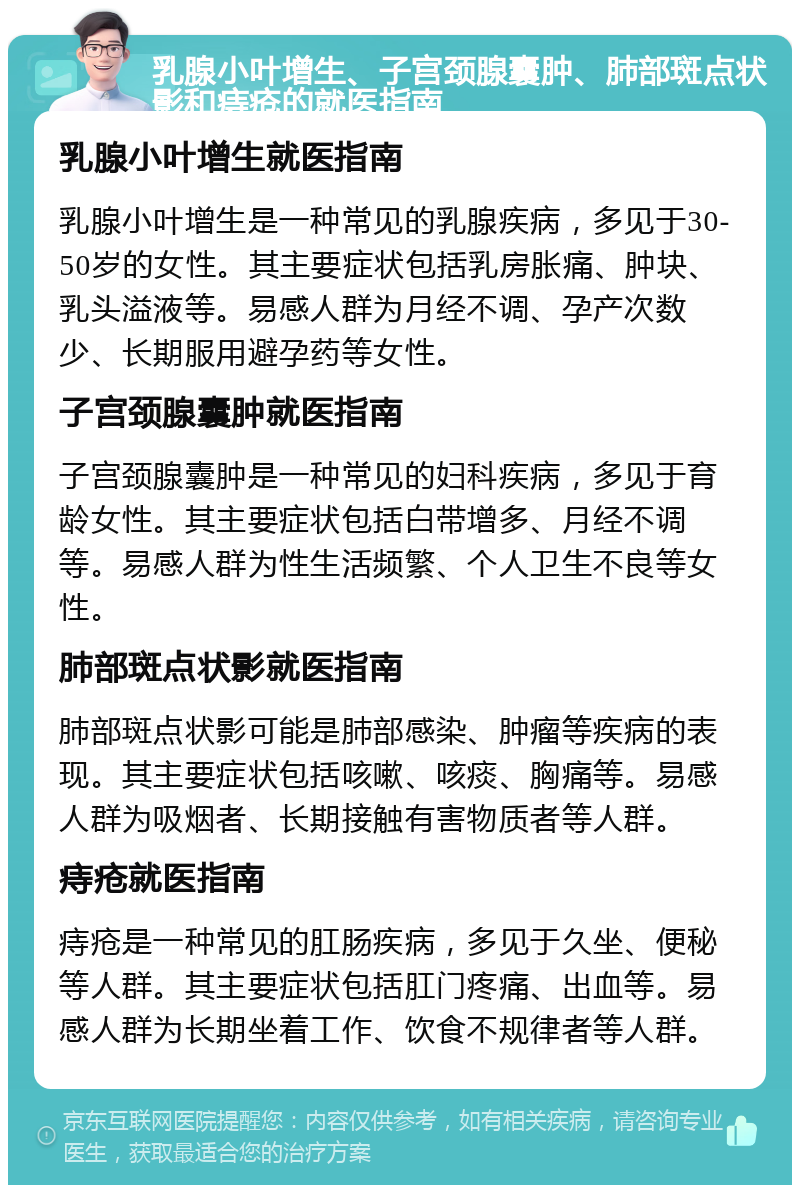 乳腺小叶增生、子宫颈腺囊肿、肺部斑点状影和痔疮的就医指南 乳腺小叶增生就医指南 乳腺小叶增生是一种常见的乳腺疾病，多见于30-50岁的女性。其主要症状包括乳房胀痛、肿块、乳头溢液等。易感人群为月经不调、孕产次数少、长期服用避孕药等女性。 子宫颈腺囊肿就医指南 子宫颈腺囊肿是一种常见的妇科疾病，多见于育龄女性。其主要症状包括白带增多、月经不调等。易感人群为性生活频繁、个人卫生不良等女性。 肺部斑点状影就医指南 肺部斑点状影可能是肺部感染、肿瘤等疾病的表现。其主要症状包括咳嗽、咳痰、胸痛等。易感人群为吸烟者、长期接触有害物质者等人群。 痔疮就医指南 痔疮是一种常见的肛肠疾病，多见于久坐、便秘等人群。其主要症状包括肛门疼痛、出血等。易感人群为长期坐着工作、饮食不规律者等人群。