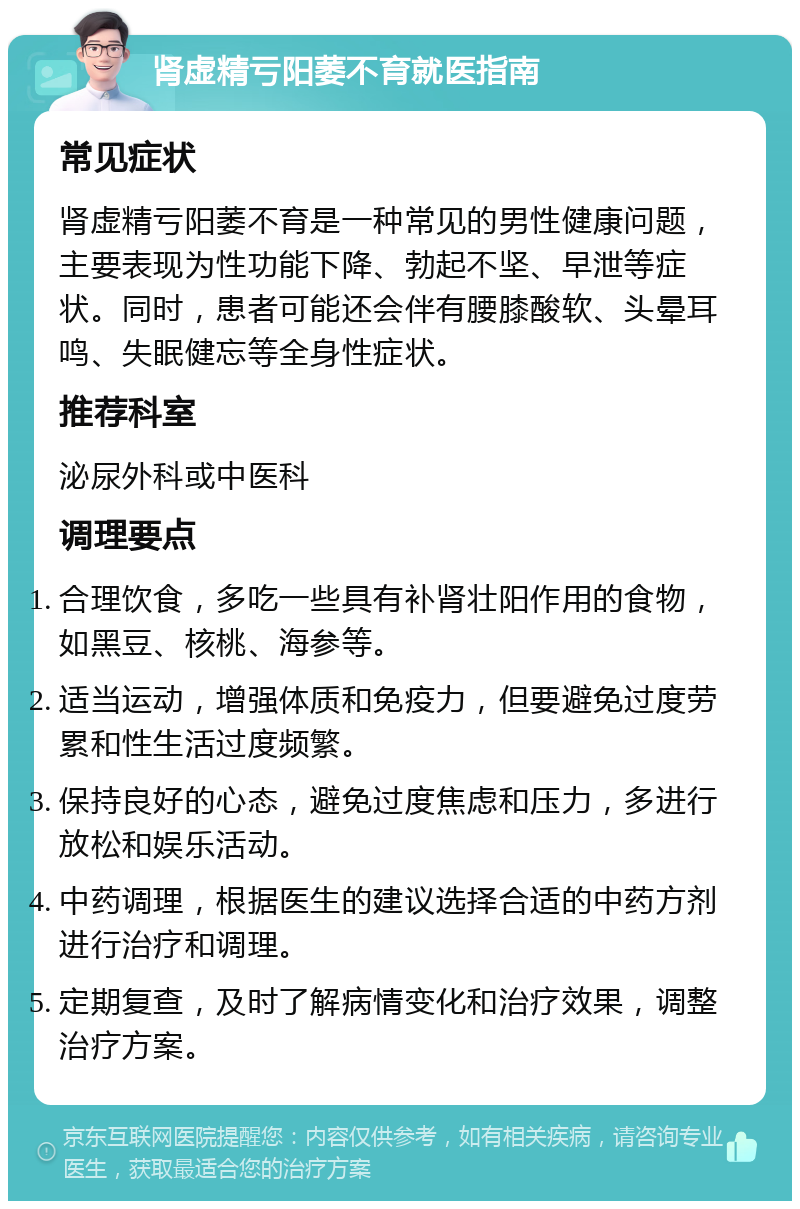 肾虚精亏阳萎不育就医指南 常见症状 肾虚精亏阳萎不育是一种常见的男性健康问题，主要表现为性功能下降、勃起不坚、早泄等症状。同时，患者可能还会伴有腰膝酸软、头晕耳鸣、失眠健忘等全身性症状。 推荐科室 泌尿外科或中医科 调理要点 合理饮食，多吃一些具有补肾壮阳作用的食物，如黑豆、核桃、海参等。 适当运动，增强体质和免疫力，但要避免过度劳累和性生活过度频繁。 保持良好的心态，避免过度焦虑和压力，多进行放松和娱乐活动。 中药调理，根据医生的建议选择合适的中药方剂进行治疗和调理。 定期复查，及时了解病情变化和治疗效果，调整治疗方案。