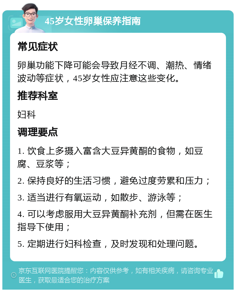 45岁女性卵巢保养指南 常见症状 卵巢功能下降可能会导致月经不调、潮热、情绪波动等症状，45岁女性应注意这些变化。 推荐科室 妇科 调理要点 1. 饮食上多摄入富含大豆异黄酮的食物，如豆腐、豆浆等； 2. 保持良好的生活习惯，避免过度劳累和压力； 3. 适当进行有氧运动，如散步、游泳等； 4. 可以考虑服用大豆异黄酮补充剂，但需在医生指导下使用； 5. 定期进行妇科检查，及时发现和处理问题。