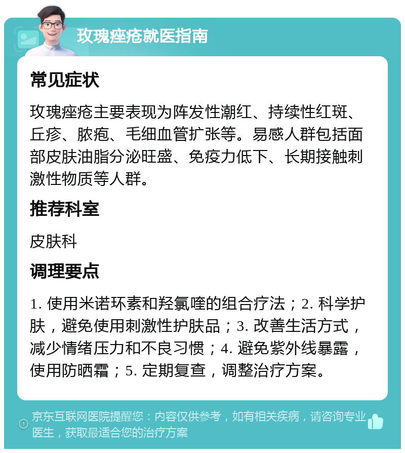 玫瑰痤疮就医指南 常见症状 玫瑰痤疮主要表现为阵发性潮红、持续性红斑、丘疹、脓疱、毛细血管扩张等。易感人群包括面部皮肤油脂分泌旺盛、免疫力低下、长期接触刺激性物质等人群。 推荐科室 皮肤科 调理要点 1. 使用米诺环素和羟氯喹的组合疗法；2. 科学护肤，避免使用刺激性护肤品；3. 改善生活方式，减少情绪压力和不良习惯；4. 避免紫外线暴露，使用防晒霜；5. 定期复查，调整治疗方案。