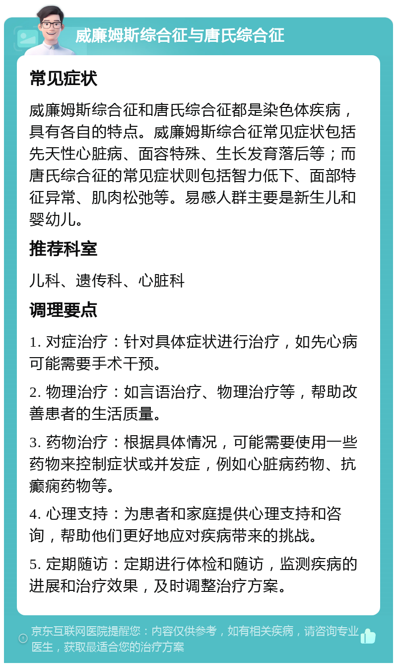 威廉姆斯综合征与唐氏综合征 常见症状 威廉姆斯综合征和唐氏综合征都是染色体疾病，具有各自的特点。威廉姆斯综合征常见症状包括先天性心脏病、面容特殊、生长发育落后等；而唐氏综合征的常见症状则包括智力低下、面部特征异常、肌肉松弛等。易感人群主要是新生儿和婴幼儿。 推荐科室 儿科、遗传科、心脏科 调理要点 1. 对症治疗：针对具体症状进行治疗，如先心病可能需要手术干预。 2. 物理治疗：如言语治疗、物理治疗等，帮助改善患者的生活质量。 3. 药物治疗：根据具体情况，可能需要使用一些药物来控制症状或并发症，例如心脏病药物、抗癫痫药物等。 4. 心理支持：为患者和家庭提供心理支持和咨询，帮助他们更好地应对疾病带来的挑战。 5. 定期随访：定期进行体检和随访，监测疾病的进展和治疗效果，及时调整治疗方案。