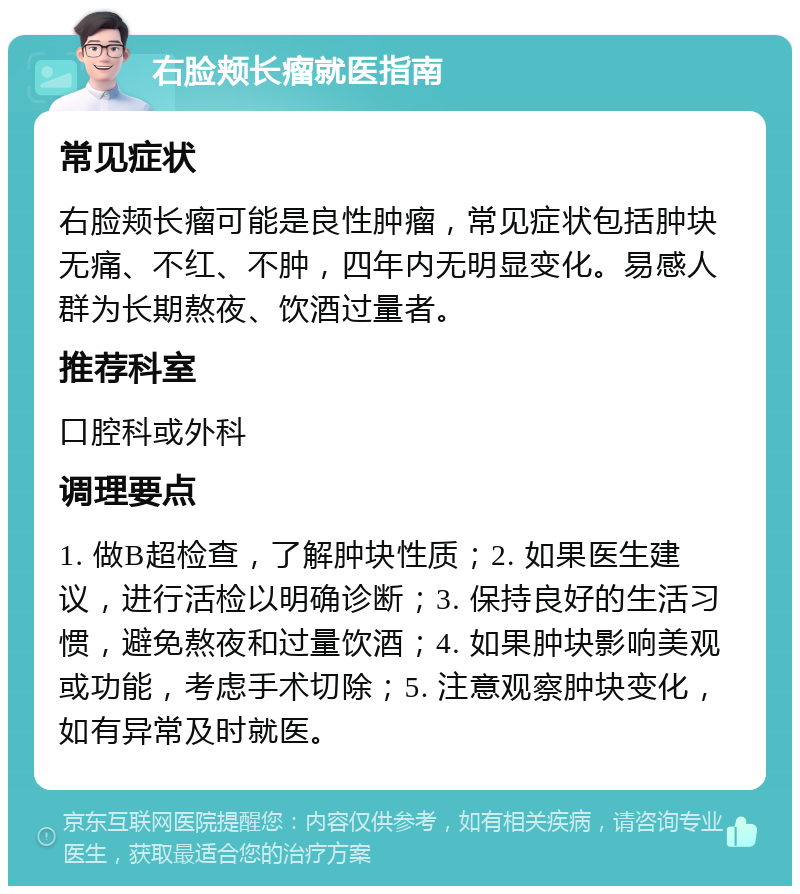 右脸颊长瘤就医指南 常见症状 右脸颊长瘤可能是良性肿瘤，常见症状包括肿块无痛、不红、不肿，四年内无明显变化。易感人群为长期熬夜、饮酒过量者。 推荐科室 口腔科或外科 调理要点 1. 做B超检查，了解肿块性质；2. 如果医生建议，进行活检以明确诊断；3. 保持良好的生活习惯，避免熬夜和过量饮酒；4. 如果肿块影响美观或功能，考虑手术切除；5. 注意观察肿块变化，如有异常及时就医。