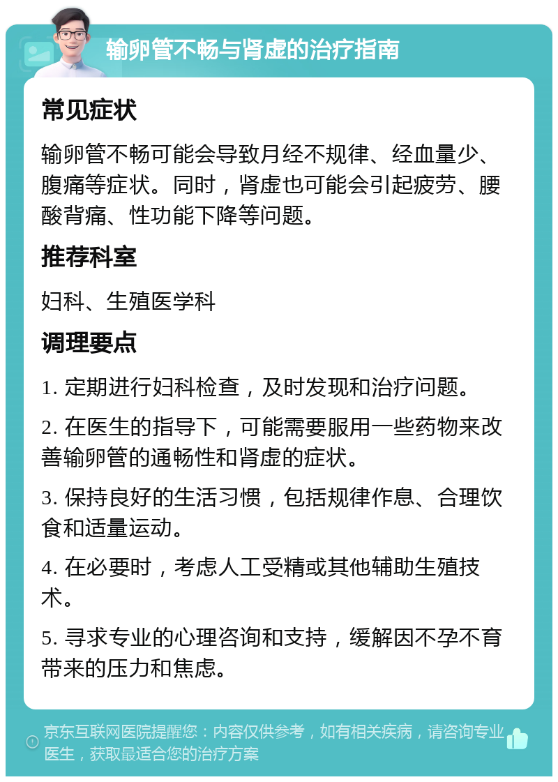 输卵管不畅与肾虚的治疗指南 常见症状 输卵管不畅可能会导致月经不规律、经血量少、腹痛等症状。同时，肾虚也可能会引起疲劳、腰酸背痛、性功能下降等问题。 推荐科室 妇科、生殖医学科 调理要点 1. 定期进行妇科检查，及时发现和治疗问题。 2. 在医生的指导下，可能需要服用一些药物来改善输卵管的通畅性和肾虚的症状。 3. 保持良好的生活习惯，包括规律作息、合理饮食和适量运动。 4. 在必要时，考虑人工受精或其他辅助生殖技术。 5. 寻求专业的心理咨询和支持，缓解因不孕不育带来的压力和焦虑。