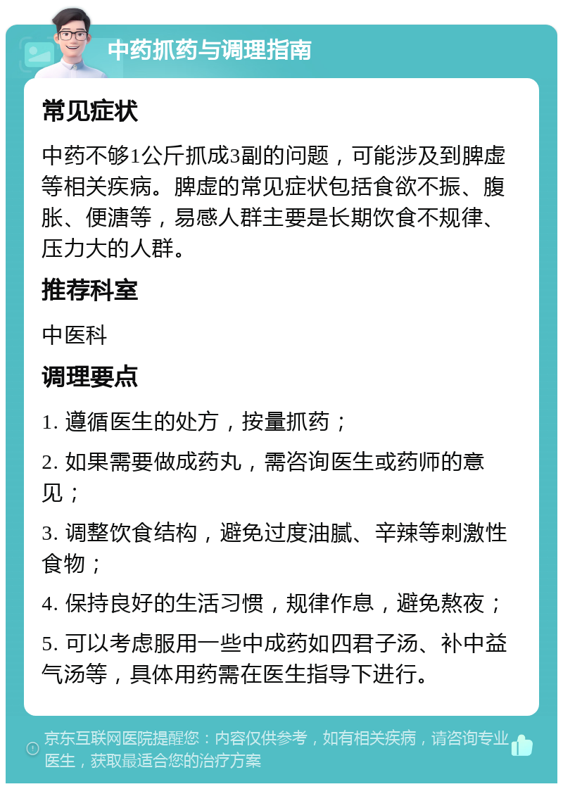 中药抓药与调理指南 常见症状 中药不够1公斤抓成3副的问题，可能涉及到脾虚等相关疾病。脾虚的常见症状包括食欲不振、腹胀、便溏等，易感人群主要是长期饮食不规律、压力大的人群。 推荐科室 中医科 调理要点 1. 遵循医生的处方，按量抓药； 2. 如果需要做成药丸，需咨询医生或药师的意见； 3. 调整饮食结构，避免过度油腻、辛辣等刺激性食物； 4. 保持良好的生活习惯，规律作息，避免熬夜； 5. 可以考虑服用一些中成药如四君子汤、补中益气汤等，具体用药需在医生指导下进行。