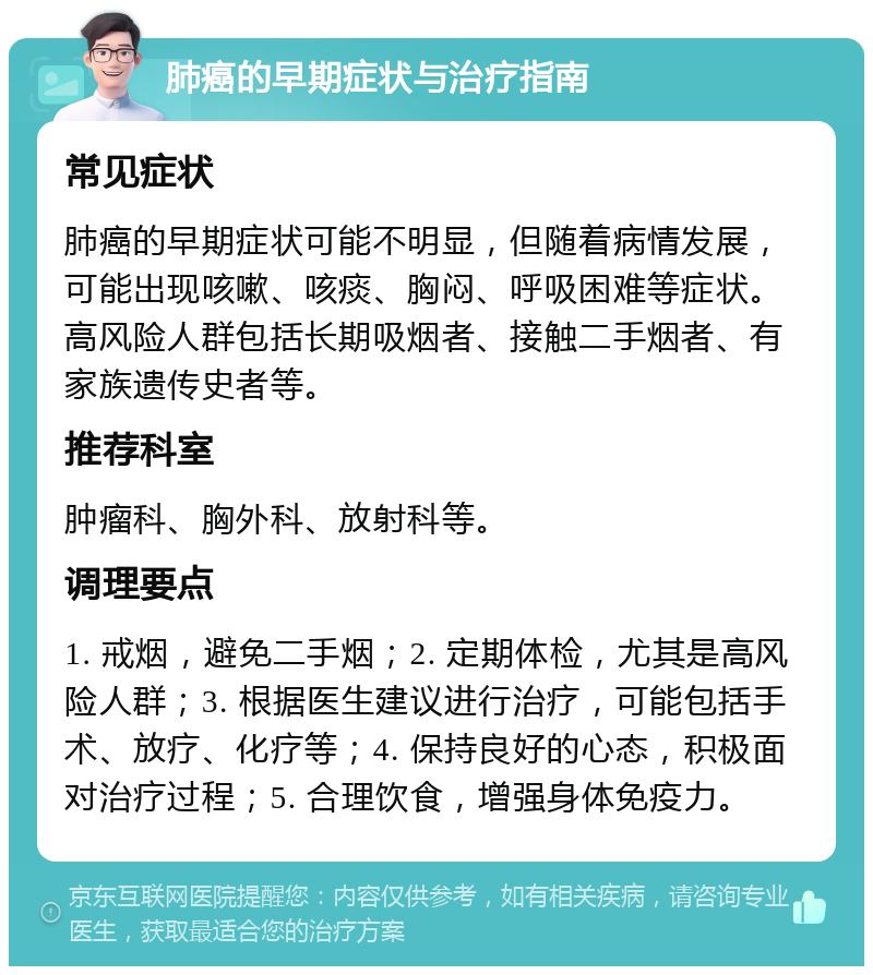 肺癌的早期症状与治疗指南 常见症状 肺癌的早期症状可能不明显，但随着病情发展，可能出现咳嗽、咳痰、胸闷、呼吸困难等症状。高风险人群包括长期吸烟者、接触二手烟者、有家族遗传史者等。 推荐科室 肿瘤科、胸外科、放射科等。 调理要点 1. 戒烟，避免二手烟；2. 定期体检，尤其是高风险人群；3. 根据医生建议进行治疗，可能包括手术、放疗、化疗等；4. 保持良好的心态，积极面对治疗过程；5. 合理饮食，增强身体免疫力。