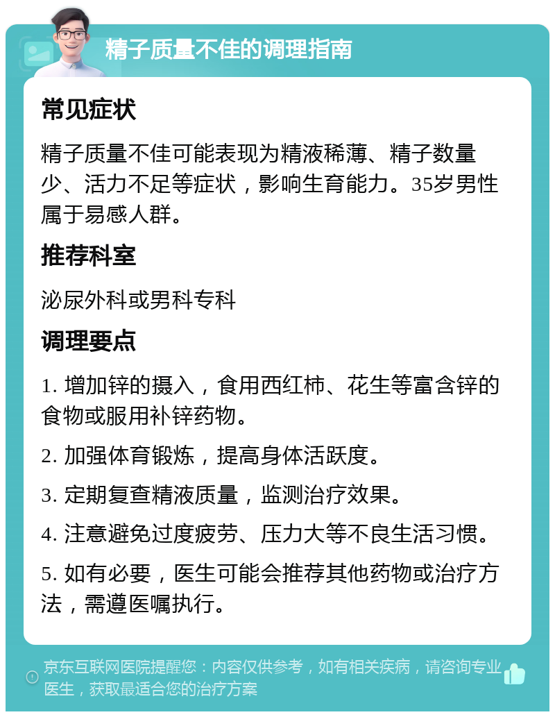 精子质量不佳的调理指南 常见症状 精子质量不佳可能表现为精液稀薄、精子数量少、活力不足等症状，影响生育能力。35岁男性属于易感人群。 推荐科室 泌尿外科或男科专科 调理要点 1. 增加锌的摄入，食用西红柿、花生等富含锌的食物或服用补锌药物。 2. 加强体育锻炼，提高身体活跃度。 3. 定期复查精液质量，监测治疗效果。 4. 注意避免过度疲劳、压力大等不良生活习惯。 5. 如有必要，医生可能会推荐其他药物或治疗方法，需遵医嘱执行。