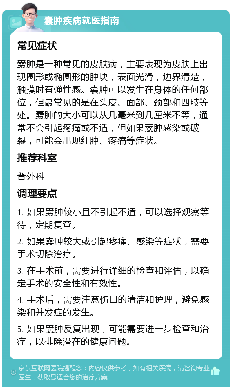 囊肿疾病就医指南 常见症状 囊肿是一种常见的皮肤病，主要表现为皮肤上出现圆形或椭圆形的肿块，表面光滑，边界清楚，触摸时有弹性感。囊肿可以发生在身体的任何部位，但最常见的是在头皮、面部、颈部和四肢等处。囊肿的大小可以从几毫米到几厘米不等，通常不会引起疼痛或不适，但如果囊肿感染或破裂，可能会出现红肿、疼痛等症状。 推荐科室 普外科 调理要点 1. 如果囊肿较小且不引起不适，可以选择观察等待，定期复查。 2. 如果囊肿较大或引起疼痛、感染等症状，需要手术切除治疗。 3. 在手术前，需要进行详细的检查和评估，以确定手术的安全性和有效性。 4. 手术后，需要注意伤口的清洁和护理，避免感染和并发症的发生。 5. 如果囊肿反复出现，可能需要进一步检查和治疗，以排除潜在的健康问题。