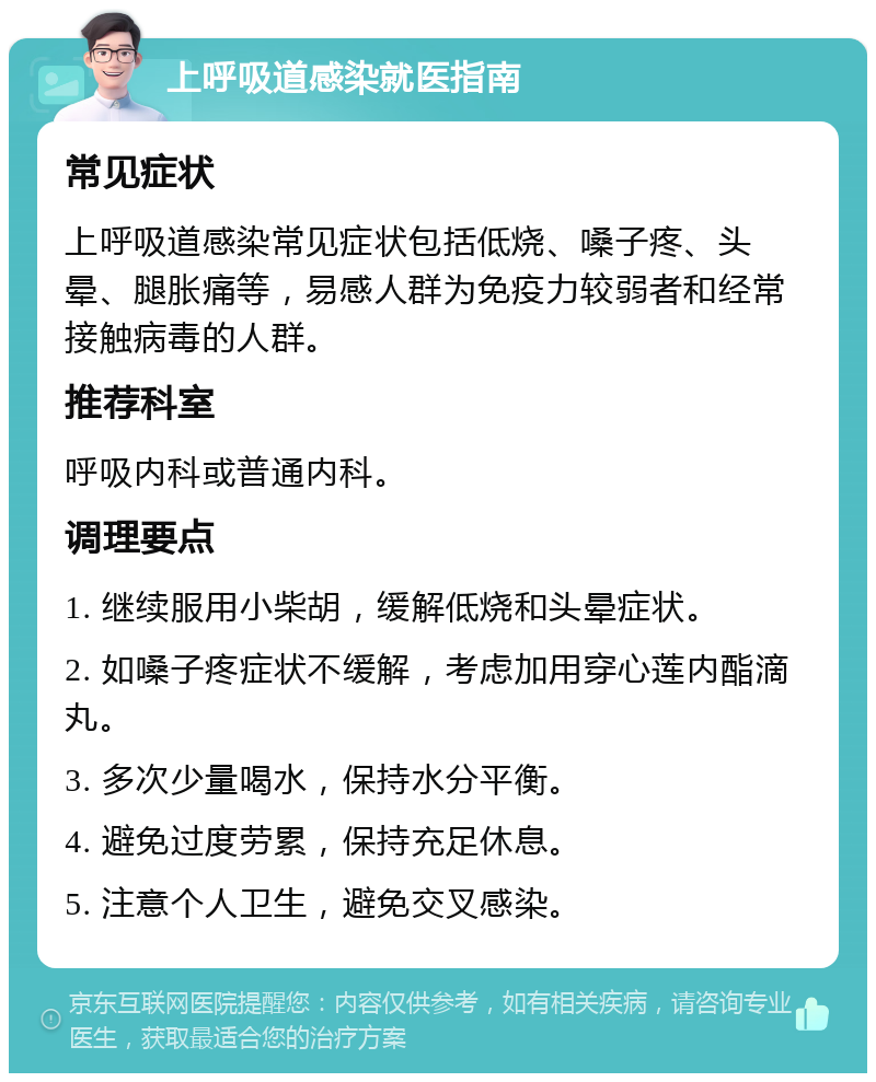 上呼吸道感染就医指南 常见症状 上呼吸道感染常见症状包括低烧、嗓子疼、头晕、腿胀痛等，易感人群为免疫力较弱者和经常接触病毒的人群。 推荐科室 呼吸内科或普通内科。 调理要点 1. 继续服用小柴胡，缓解低烧和头晕症状。 2. 如嗓子疼症状不缓解，考虑加用穿心莲内酯滴丸。 3. 多次少量喝水，保持水分平衡。 4. 避免过度劳累，保持充足休息。 5. 注意个人卫生，避免交叉感染。