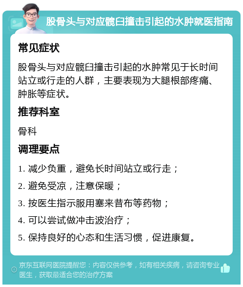 股骨头与对应髋臼撞击引起的水肿就医指南 常见症状 股骨头与对应髋臼撞击引起的水肿常见于长时间站立或行走的人群，主要表现为大腿根部疼痛、肿胀等症状。 推荐科室 骨科 调理要点 1. 减少负重，避免长时间站立或行走； 2. 避免受凉，注意保暖； 3. 按医生指示服用塞来昔布等药物； 4. 可以尝试做冲击波治疗； 5. 保持良好的心态和生活习惯，促进康复。