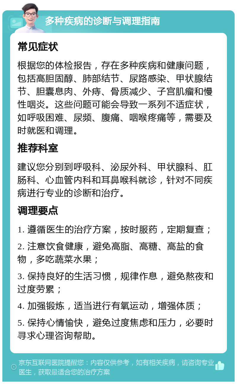 多种疾病的诊断与调理指南 常见症状 根据您的体检报告，存在多种疾病和健康问题，包括高胆固醇、肺部结节、尿路感染、甲状腺结节、胆囊息肉、外痔、骨质减少、子宫肌瘤和慢性咽炎。这些问题可能会导致一系列不适症状，如呼吸困难、尿频、腹痛、咽喉疼痛等，需要及时就医和调理。 推荐科室 建议您分别到呼吸科、泌尿外科、甲状腺科、肛肠科、心血管内科和耳鼻喉科就诊，针对不同疾病进行专业的诊断和治疗。 调理要点 1. 遵循医生的治疗方案，按时服药，定期复查； 2. 注意饮食健康，避免高脂、高糖、高盐的食物，多吃蔬菜水果； 3. 保持良好的生活习惯，规律作息，避免熬夜和过度劳累； 4. 加强锻炼，适当进行有氧运动，增强体质； 5. 保持心情愉快，避免过度焦虑和压力，必要时寻求心理咨询帮助。