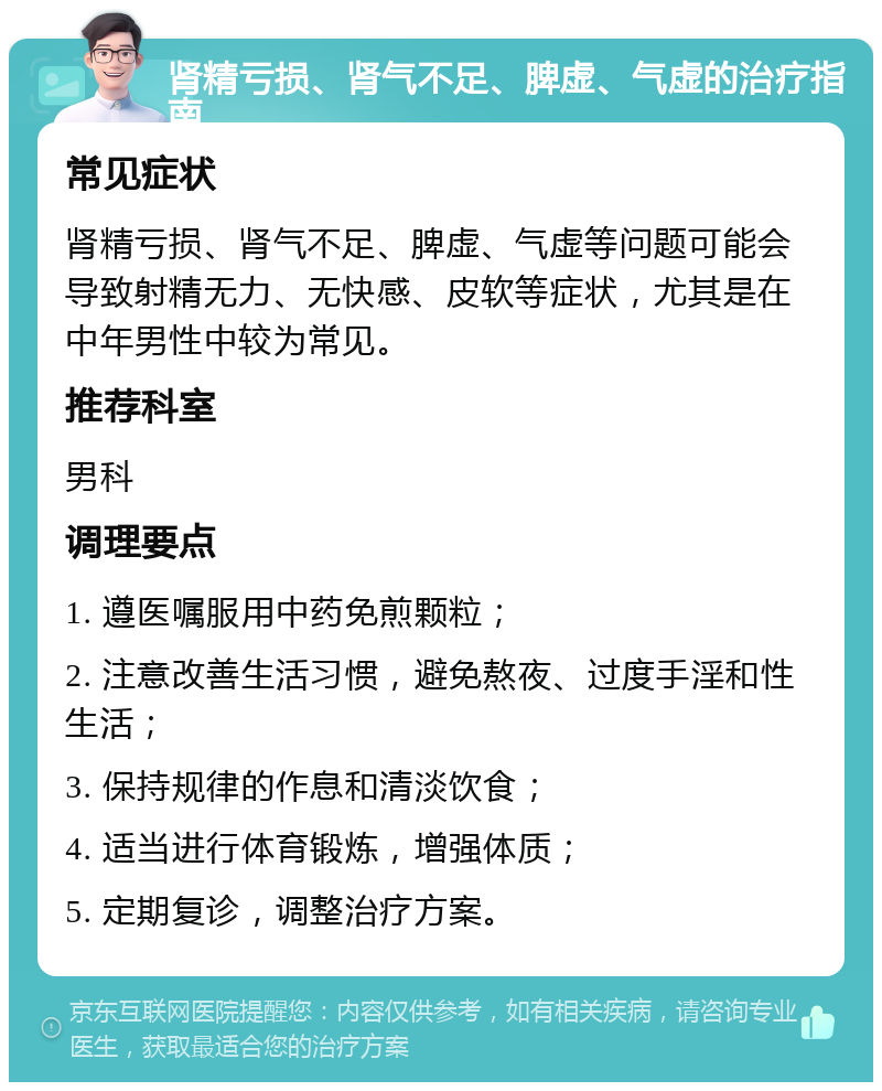 肾精亏损、肾气不足、脾虚、气虚的治疗指南 常见症状 肾精亏损、肾气不足、脾虚、气虚等问题可能会导致射精无力、无快感、皮软等症状，尤其是在中年男性中较为常见。 推荐科室 男科 调理要点 1. 遵医嘱服用中药免煎颗粒； 2. 注意改善生活习惯，避免熬夜、过度手淫和性生活； 3. 保持规律的作息和清淡饮食； 4. 适当进行体育锻炼，增强体质； 5. 定期复诊，调整治疗方案。