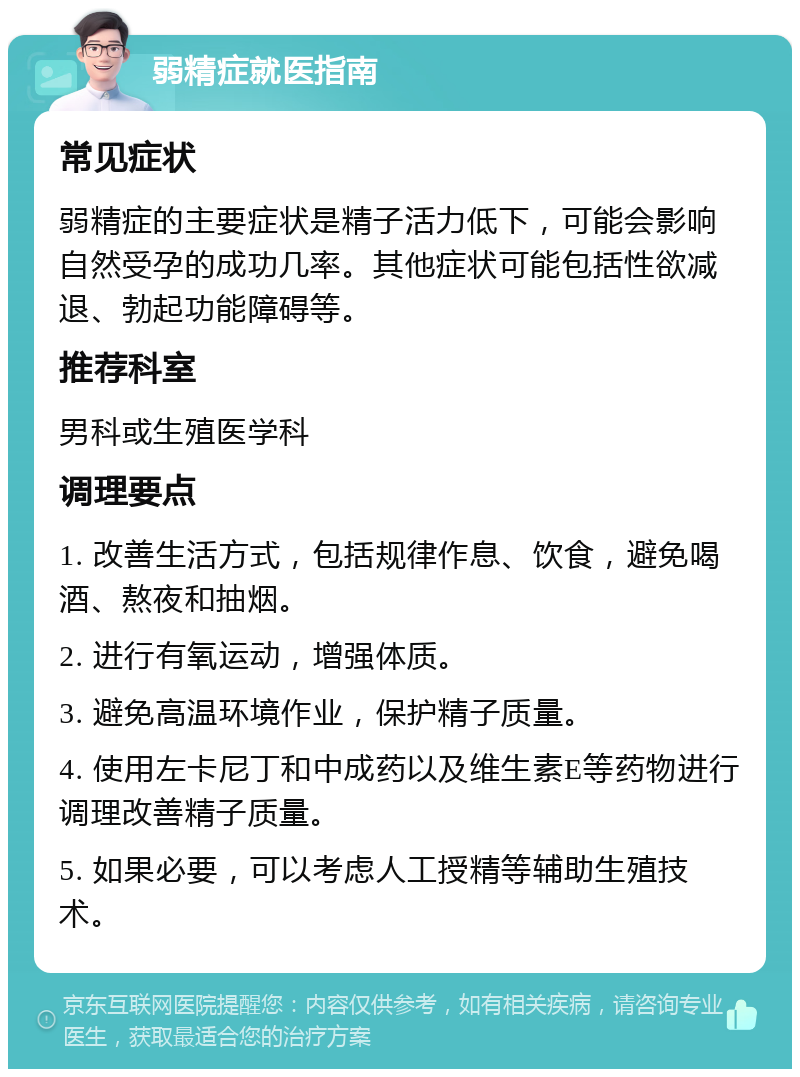 弱精症就医指南 常见症状 弱精症的主要症状是精子活力低下，可能会影响自然受孕的成功几率。其他症状可能包括性欲减退、勃起功能障碍等。 推荐科室 男科或生殖医学科 调理要点 1. 改善生活方式，包括规律作息、饮食，避免喝酒、熬夜和抽烟。 2. 进行有氧运动，增强体质。 3. 避免高温环境作业，保护精子质量。 4. 使用左卡尼丁和中成药以及维生素E等药物进行调理改善精子质量。 5. 如果必要，可以考虑人工授精等辅助生殖技术。