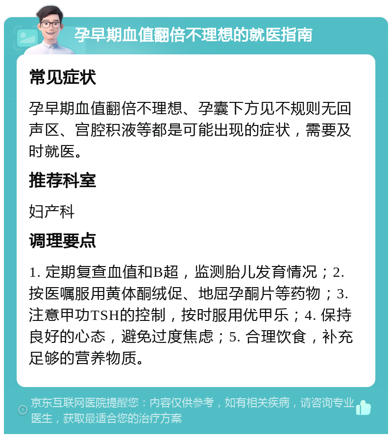 孕早期血值翻倍不理想的就医指南 常见症状 孕早期血值翻倍不理想、孕囊下方见不规则无回声区、宫腔积液等都是可能出现的症状，需要及时就医。 推荐科室 妇产科 调理要点 1. 定期复查血值和B超，监测胎儿发育情况；2. 按医嘱服用黄体酮绒促、地屈孕酮片等药物；3. 注意甲功TSH的控制，按时服用优甲乐；4. 保持良好的心态，避免过度焦虑；5. 合理饮食，补充足够的营养物质。