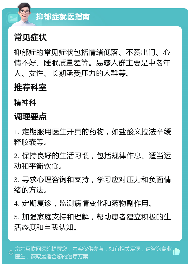 抑郁症就医指南 常见症状 抑郁症的常见症状包括情绪低落、不爱出门、心情不好、睡眠质量差等。易感人群主要是中老年人、女性、长期承受压力的人群等。 推荐科室 精神科 调理要点 1. 定期服用医生开具的药物，如盐酸文拉法辛缓释胶囊等。 2. 保持良好的生活习惯，包括规律作息、适当运动和平衡饮食。 3. 寻求心理咨询和支持，学习应对压力和负面情绪的方法。 4. 定期复诊，监测病情变化和药物副作用。 5. 加强家庭支持和理解，帮助患者建立积极的生活态度和自我认知。