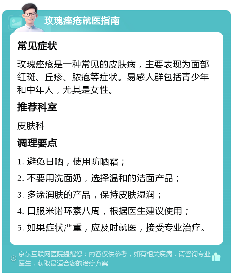 玫瑰痤疮就医指南 常见症状 玫瑰痤疮是一种常见的皮肤病，主要表现为面部红斑、丘疹、脓疱等症状。易感人群包括青少年和中年人，尤其是女性。 推荐科室 皮肤科 调理要点 1. 避免日晒，使用防晒霜； 2. 不要用洗面奶，选择温和的洁面产品； 3. 多涂润肤的产品，保持皮肤湿润； 4. 口服米诺环素八周，根据医生建议使用； 5. 如果症状严重，应及时就医，接受专业治疗。