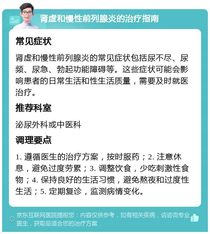 肾虚和慢性前列腺炎的治疗指南 常见症状 肾虚和慢性前列腺炎的常见症状包括尿不尽、尿频、尿急、勃起功能障碍等。这些症状可能会影响患者的日常生活和性生活质量，需要及时就医治疗。 推荐科室 泌尿外科或中医科 调理要点 1. 遵循医生的治疗方案，按时服药；2. 注意休息，避免过度劳累；3. 调整饮食，少吃刺激性食物；4. 保持良好的生活习惯，避免熬夜和过度性生活；5. 定期复诊，监测病情变化。