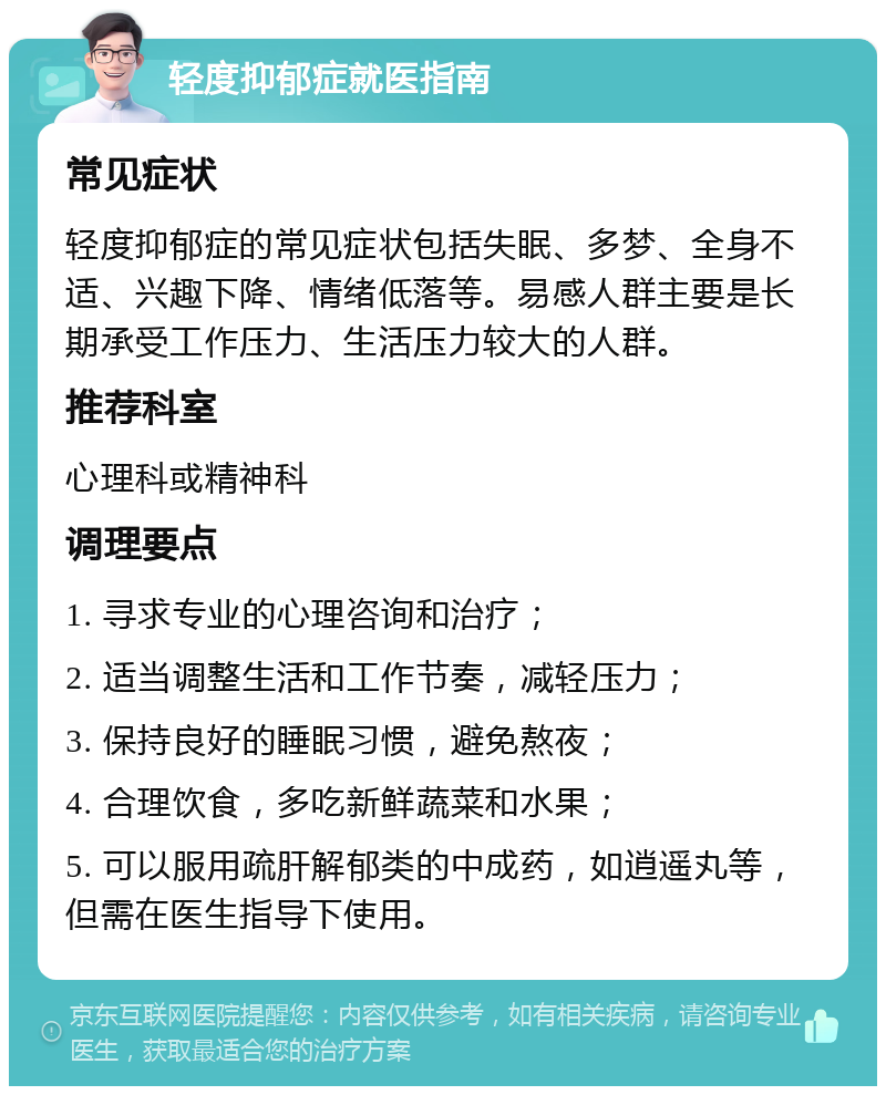 轻度抑郁症就医指南 常见症状 轻度抑郁症的常见症状包括失眠、多梦、全身不适、兴趣下降、情绪低落等。易感人群主要是长期承受工作压力、生活压力较大的人群。 推荐科室 心理科或精神科 调理要点 1. 寻求专业的心理咨询和治疗； 2. 适当调整生活和工作节奏，减轻压力； 3. 保持良好的睡眠习惯，避免熬夜； 4. 合理饮食，多吃新鲜蔬菜和水果； 5. 可以服用疏肝解郁类的中成药，如逍遥丸等，但需在医生指导下使用。