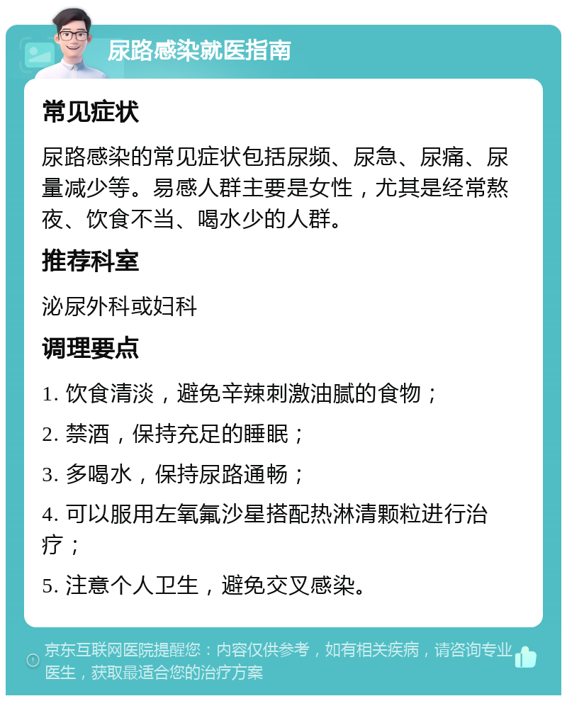 尿路感染就医指南 常见症状 尿路感染的常见症状包括尿频、尿急、尿痛、尿量减少等。易感人群主要是女性，尤其是经常熬夜、饮食不当、喝水少的人群。 推荐科室 泌尿外科或妇科 调理要点 1. 饮食清淡，避免辛辣刺激油腻的食物； 2. 禁酒，保持充足的睡眠； 3. 多喝水，保持尿路通畅； 4. 可以服用左氧氟沙星搭配热淋清颗粒进行治疗； 5. 注意个人卫生，避免交叉感染。