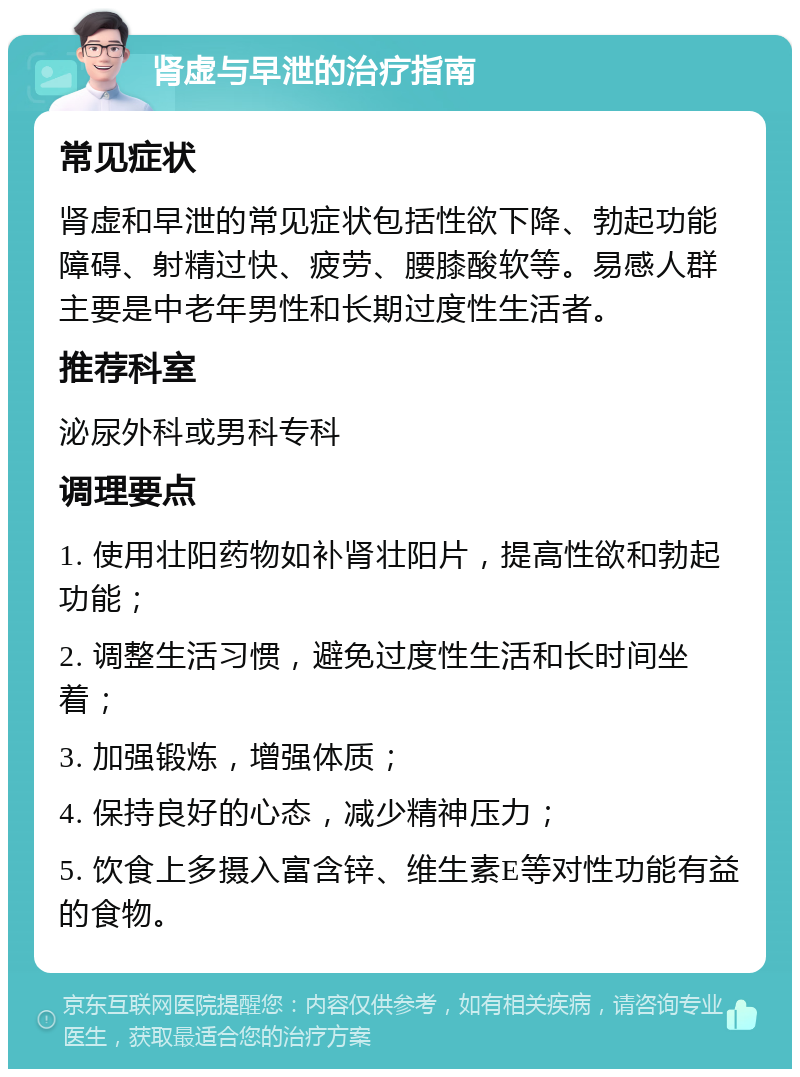 肾虚与早泄的治疗指南 常见症状 肾虚和早泄的常见症状包括性欲下降、勃起功能障碍、射精过快、疲劳、腰膝酸软等。易感人群主要是中老年男性和长期过度性生活者。 推荐科室 泌尿外科或男科专科 调理要点 1. 使用壮阳药物如补肾壮阳片，提高性欲和勃起功能； 2. 调整生活习惯，避免过度性生活和长时间坐着； 3. 加强锻炼，增强体质； 4. 保持良好的心态，减少精神压力； 5. 饮食上多摄入富含锌、维生素E等对性功能有益的食物。