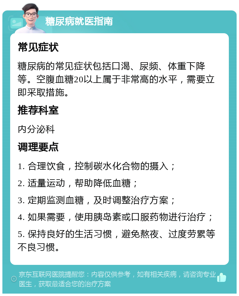 糖尿病就医指南 常见症状 糖尿病的常见症状包括口渴、尿频、体重下降等。空腹血糖20以上属于非常高的水平，需要立即采取措施。 推荐科室 内分泌科 调理要点 1. 合理饮食，控制碳水化合物的摄入； 2. 适量运动，帮助降低血糖； 3. 定期监测血糖，及时调整治疗方案； 4. 如果需要，使用胰岛素或口服药物进行治疗； 5. 保持良好的生活习惯，避免熬夜、过度劳累等不良习惯。