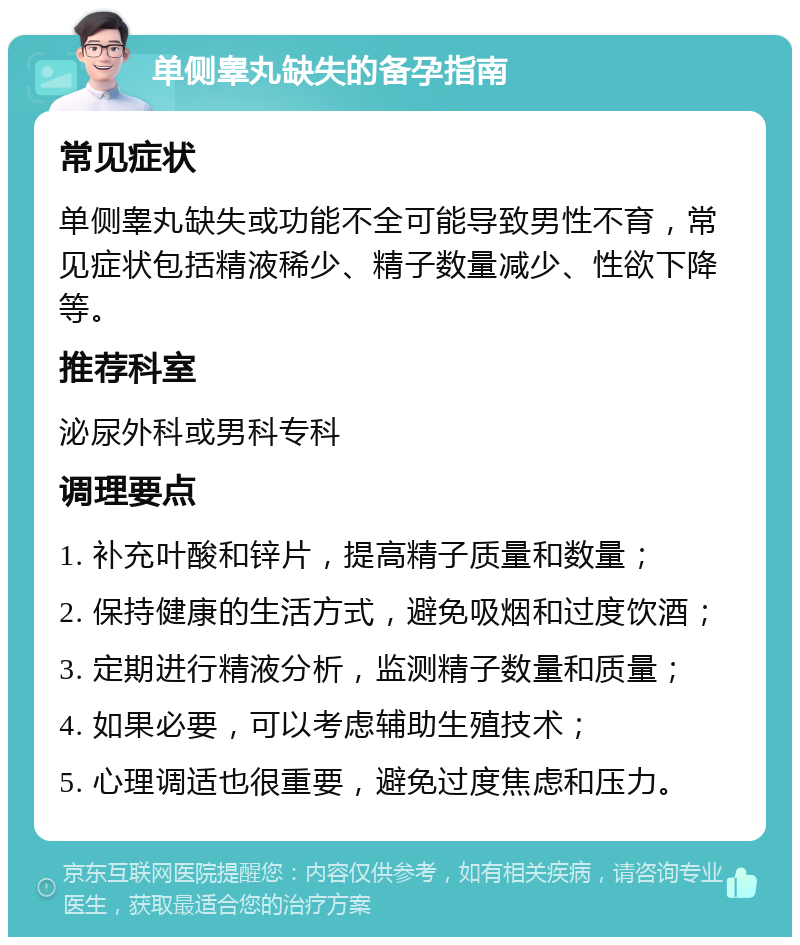 单侧睾丸缺失的备孕指南 常见症状 单侧睾丸缺失或功能不全可能导致男性不育，常见症状包括精液稀少、精子数量减少、性欲下降等。 推荐科室 泌尿外科或男科专科 调理要点 1. 补充叶酸和锌片，提高精子质量和数量； 2. 保持健康的生活方式，避免吸烟和过度饮酒； 3. 定期进行精液分析，监测精子数量和质量； 4. 如果必要，可以考虑辅助生殖技术； 5. 心理调适也很重要，避免过度焦虑和压力。