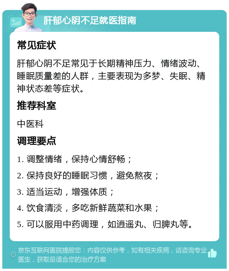 肝郁心阴不足就医指南 常见症状 肝郁心阴不足常见于长期精神压力、情绪波动、睡眠质量差的人群，主要表现为多梦、失眠、精神状态差等症状。 推荐科室 中医科 调理要点 1. 调整情绪，保持心情舒畅； 2. 保持良好的睡眠习惯，避免熬夜； 3. 适当运动，增强体质； 4. 饮食清淡，多吃新鲜蔬菜和水果； 5. 可以服用中药调理，如逍遥丸、归脾丸等。