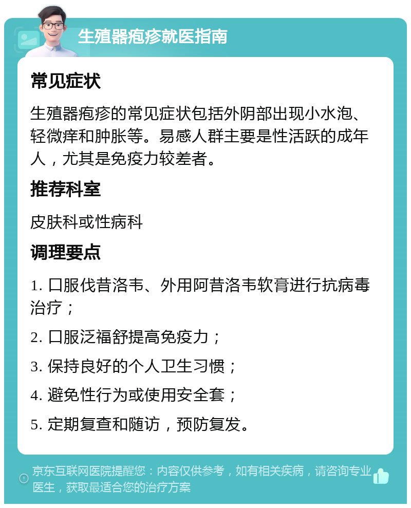 生殖器疱疹就医指南 常见症状 生殖器疱疹的常见症状包括外阴部出现小水泡、轻微痒和肿胀等。易感人群主要是性活跃的成年人，尤其是免疫力较差者。 推荐科室 皮肤科或性病科 调理要点 1. 口服伐昔洛韦、外用阿昔洛韦软膏进行抗病毒治疗； 2. 口服泛福舒提高免疫力； 3. 保持良好的个人卫生习惯； 4. 避免性行为或使用安全套； 5. 定期复查和随访，预防复发。