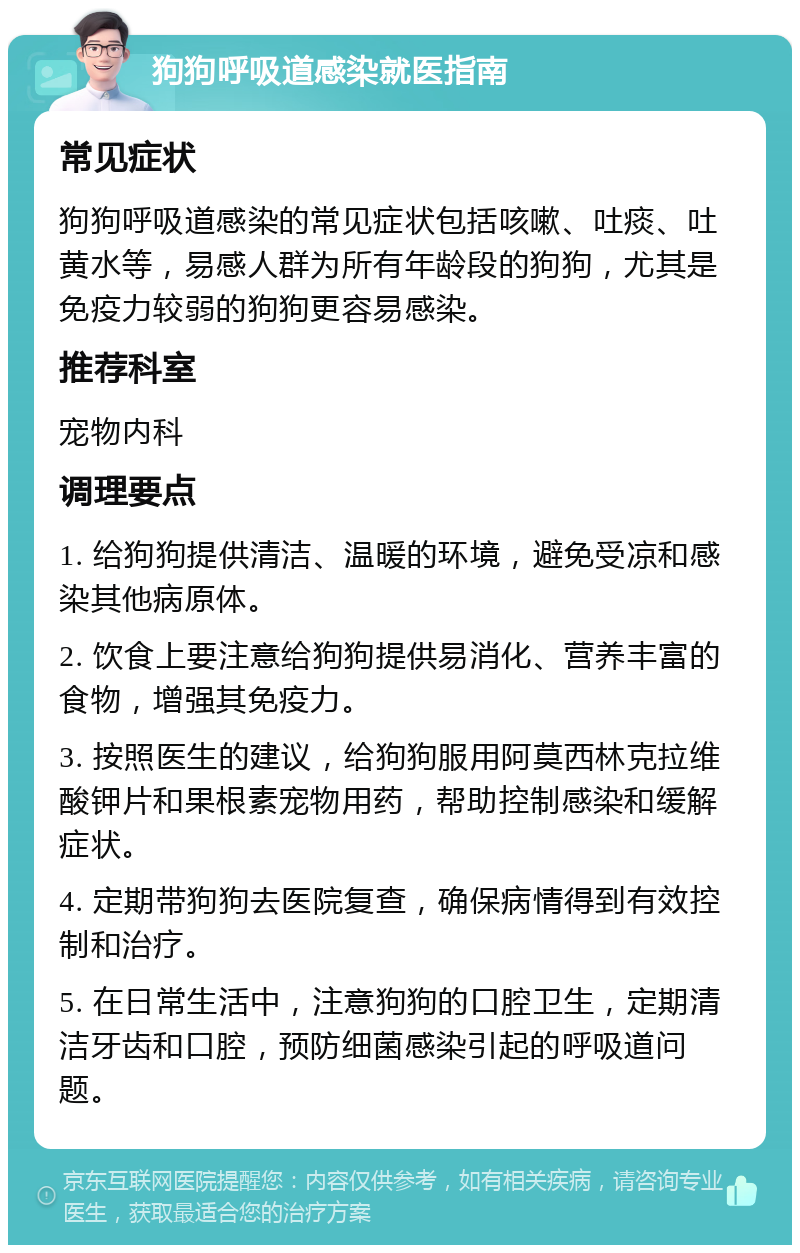 狗狗呼吸道感染就医指南 常见症状 狗狗呼吸道感染的常见症状包括咳嗽、吐痰、吐黄水等，易感人群为所有年龄段的狗狗，尤其是免疫力较弱的狗狗更容易感染。 推荐科室 宠物内科 调理要点 1. 给狗狗提供清洁、温暖的环境，避免受凉和感染其他病原体。 2. 饮食上要注意给狗狗提供易消化、营养丰富的食物，增强其免疫力。 3. 按照医生的建议，给狗狗服用阿莫西林克拉维酸钾片和果根素宠物用药，帮助控制感染和缓解症状。 4. 定期带狗狗去医院复查，确保病情得到有效控制和治疗。 5. 在日常生活中，注意狗狗的口腔卫生，定期清洁牙齿和口腔，预防细菌感染引起的呼吸道问题。