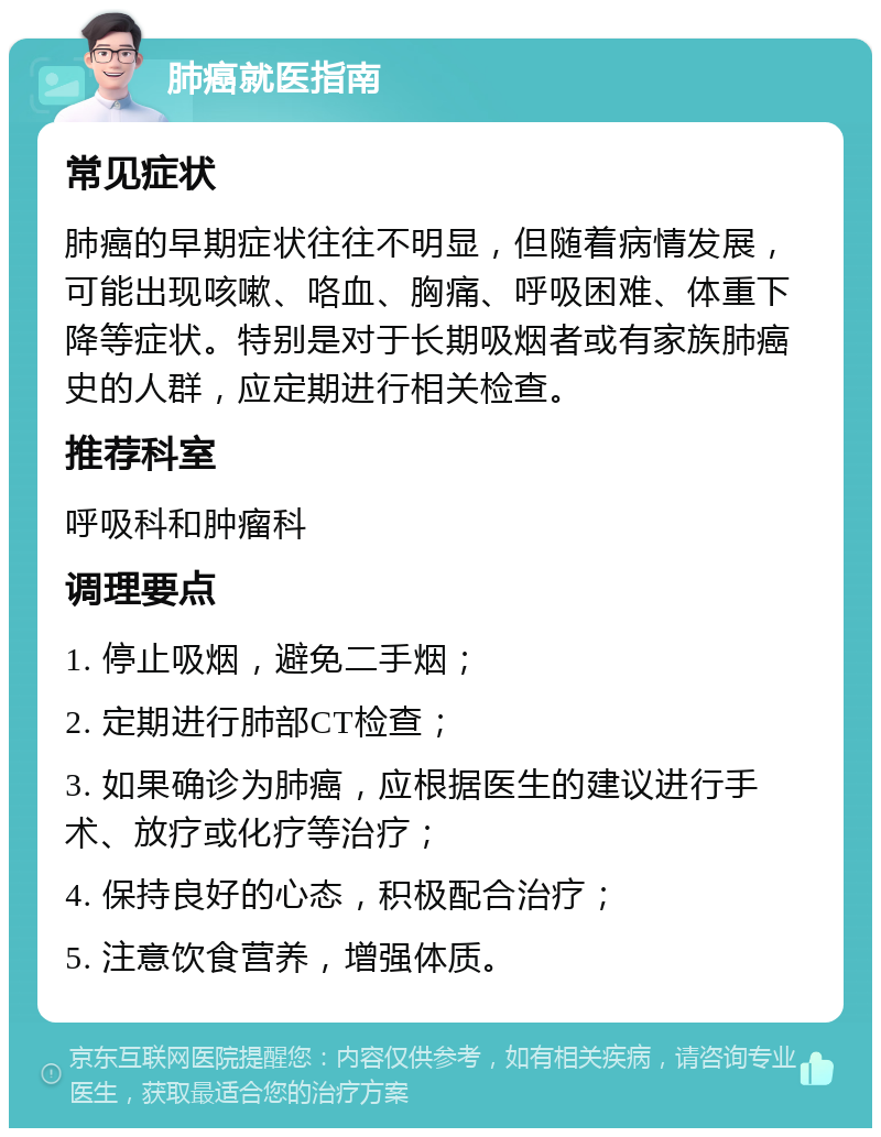 肺癌就医指南 常见症状 肺癌的早期症状往往不明显，但随着病情发展，可能出现咳嗽、咯血、胸痛、呼吸困难、体重下降等症状。特别是对于长期吸烟者或有家族肺癌史的人群，应定期进行相关检查。 推荐科室 呼吸科和肿瘤科 调理要点 1. 停止吸烟，避免二手烟； 2. 定期进行肺部CT检查； 3. 如果确诊为肺癌，应根据医生的建议进行手术、放疗或化疗等治疗； 4. 保持良好的心态，积极配合治疗； 5. 注意饮食营养，增强体质。