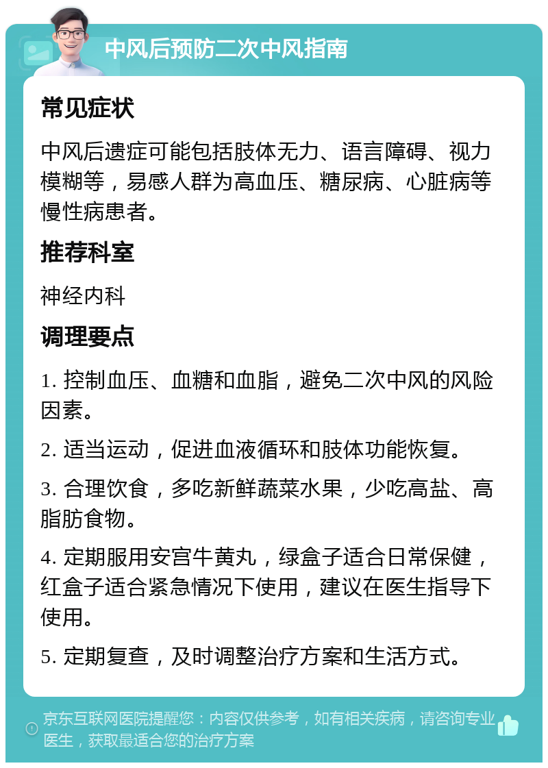 中风后预防二次中风指南 常见症状 中风后遗症可能包括肢体无力、语言障碍、视力模糊等，易感人群为高血压、糖尿病、心脏病等慢性病患者。 推荐科室 神经内科 调理要点 1. 控制血压、血糖和血脂，避免二次中风的风险因素。 2. 适当运动，促进血液循环和肢体功能恢复。 3. 合理饮食，多吃新鲜蔬菜水果，少吃高盐、高脂肪食物。 4. 定期服用安宫牛黄丸，绿盒子适合日常保健，红盒子适合紧急情况下使用，建议在医生指导下使用。 5. 定期复查，及时调整治疗方案和生活方式。