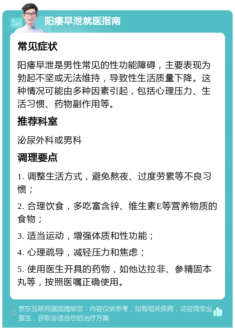 阳痿早泄就医指南 常见症状 阳痿早泄是男性常见的性功能障碍，主要表现为勃起不坚或无法维持，导致性生活质量下降。这种情况可能由多种因素引起，包括心理压力、生活习惯、药物副作用等。 推荐科室 泌尿外科或男科 调理要点 1. 调整生活方式，避免熬夜、过度劳累等不良习惯； 2. 合理饮食，多吃富含锌、维生素E等营养物质的食物； 3. 适当运动，增强体质和性功能； 4. 心理疏导，减轻压力和焦虑； 5. 使用医生开具的药物，如他达拉非、参精固本丸等，按照医嘱正确使用。