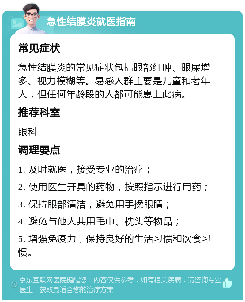 急性结膜炎就医指南 常见症状 急性结膜炎的常见症状包括眼部红肿、眼屎增多、视力模糊等。易感人群主要是儿童和老年人，但任何年龄段的人都可能患上此病。 推荐科室 眼科 调理要点 1. 及时就医，接受专业的治疗； 2. 使用医生开具的药物，按照指示进行用药； 3. 保持眼部清洁，避免用手揉眼睛； 4. 避免与他人共用毛巾、枕头等物品； 5. 增强免疫力，保持良好的生活习惯和饮食习惯。