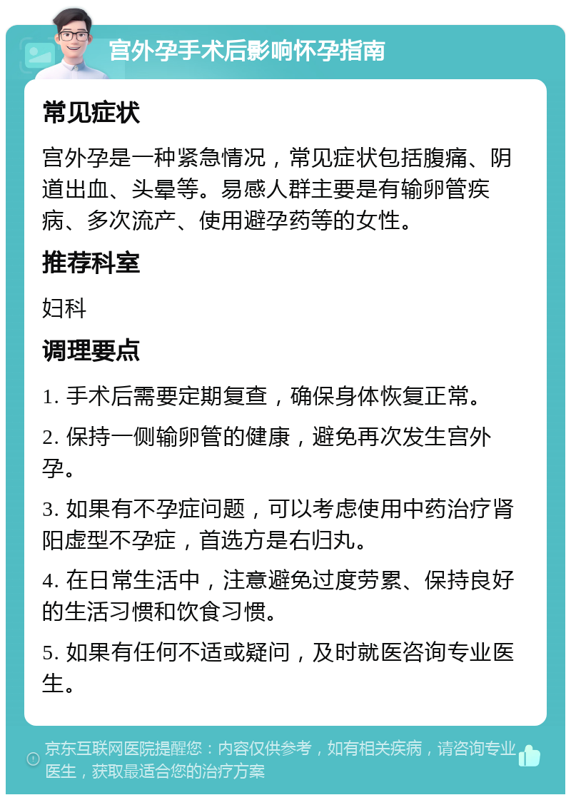 宫外孕手术后影响怀孕指南 常见症状 宫外孕是一种紧急情况，常见症状包括腹痛、阴道出血、头晕等。易感人群主要是有输卵管疾病、多次流产、使用避孕药等的女性。 推荐科室 妇科 调理要点 1. 手术后需要定期复查，确保身体恢复正常。 2. 保持一侧输卵管的健康，避免再次发生宫外孕。 3. 如果有不孕症问题，可以考虑使用中药治疗肾阳虚型不孕症，首选方是右归丸。 4. 在日常生活中，注意避免过度劳累、保持良好的生活习惯和饮食习惯。 5. 如果有任何不适或疑问，及时就医咨询专业医生。